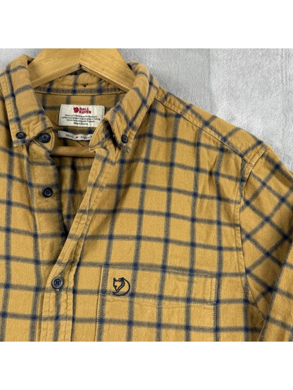 Fjallraven Mens M Yellow Plaid Flannel Shirt Regular Fit Button Down Camp Fall